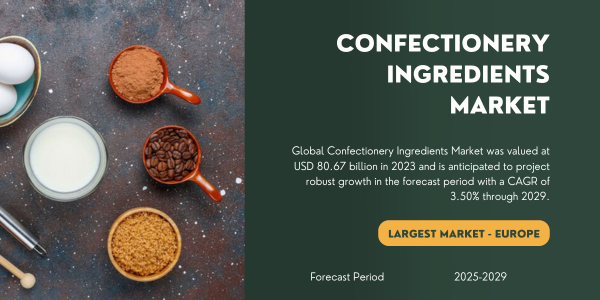 Global Confectionery Ingredients Market stood at USD 80.67 billion in 2023 & may grow in the forecast with a CAGR of 3.50% by 2029.