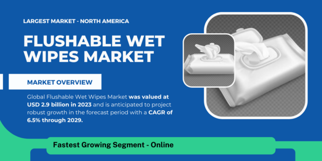 Global Flushable Wet Wipes Market stood at USD 2.9 billion in 2023 and may growth in the forecast with a CAGR of 6.5% by 2029.