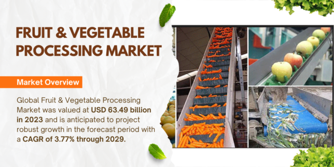 Global Fruit & Vegetable Processing Market stood at USD 63.49 billion and may grow in the forecast with a CAGR of 3.77% by 2029.