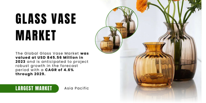 The Global Glass Vase Market stood at USD 845.56 Million in 2023 and may growth in the forecast with a CAGR of 4.6% by 2029.