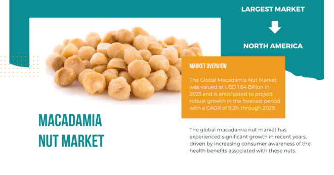 The Global Macadamia Nut Market stood at USD 1.64 Billion and may grow in the forecast with a CAGR of 9.2% by 2029.