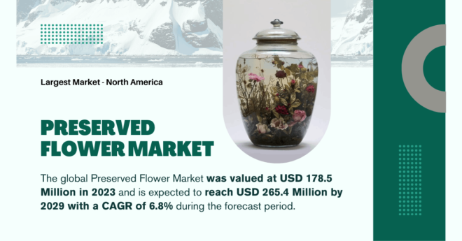 The global Preserved Flower Market stood at USD 178.5 Million and may reach USD 265.4 Million by 2029 with a CAGR of 6.8%.